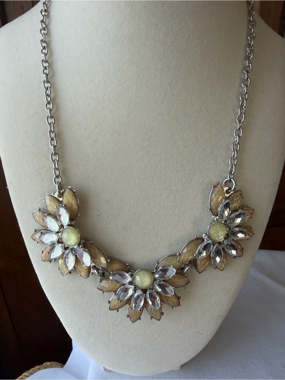 Champagne Crystal Flower Statement Necklace Taupe Floral Bib Necklace